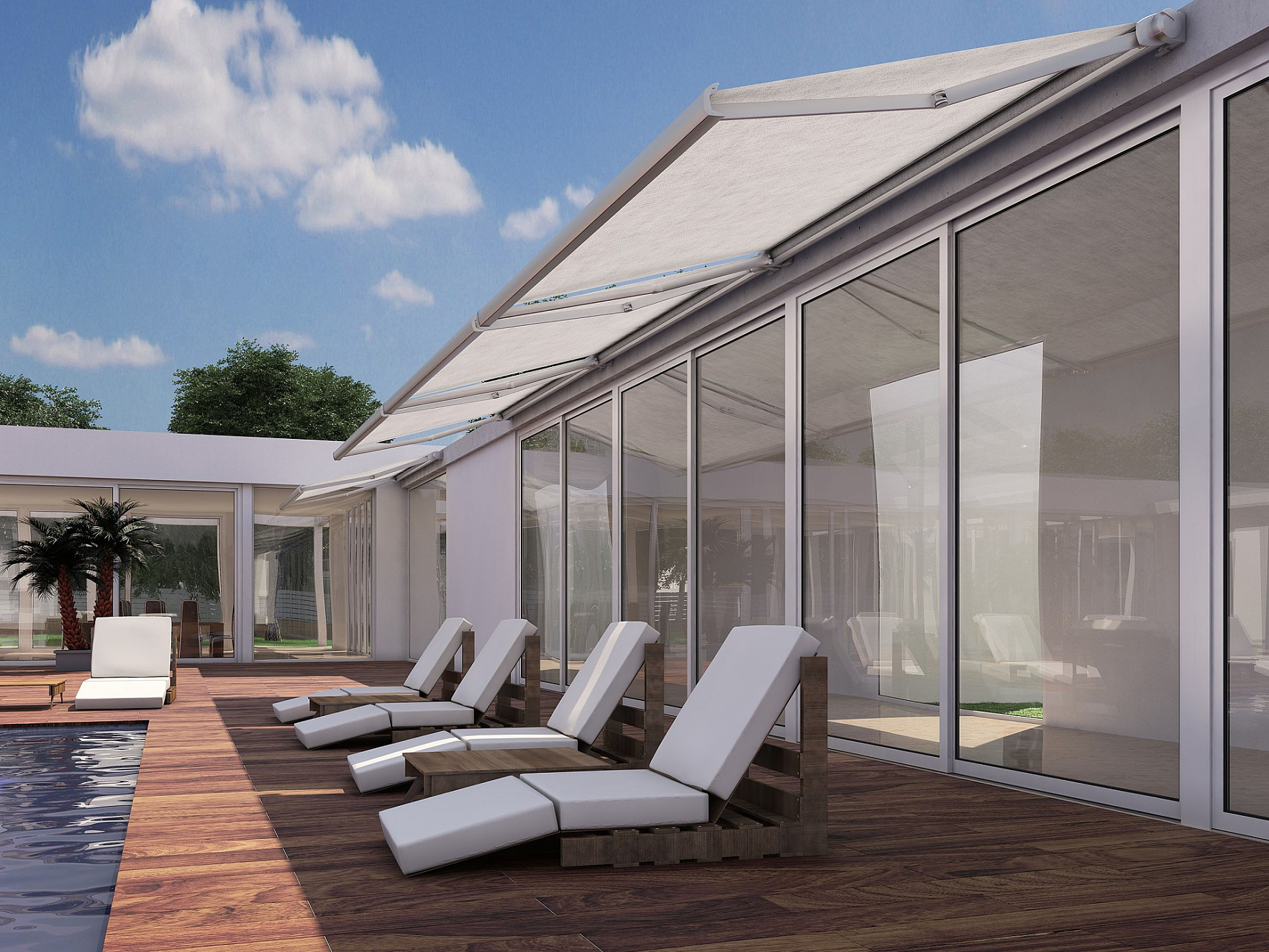 V296 Santos knikarmscherm zonnetent elektrische zonneluifel - elektrisch zonnescherm - zonneschermdoek in technisch zilver