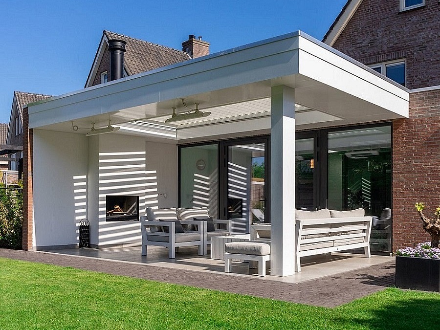 aluminium lamellendak wit haard zonwering lamellen terras kwaliteit terrasoverkapping extra leefruimte tuin
